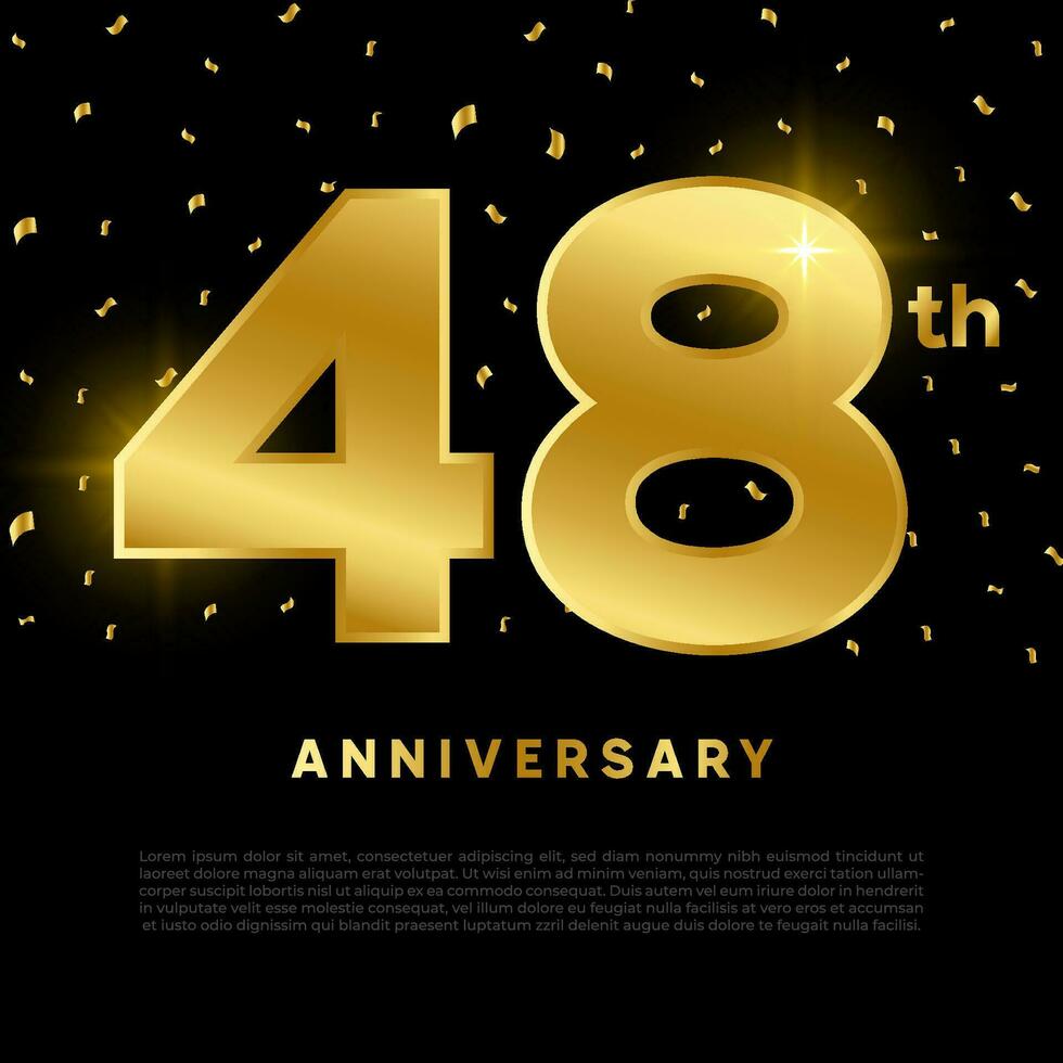 48th anniversary celebration with gold glitter color and black background. Vector design for celebrations, invitation cards and greeting cards.