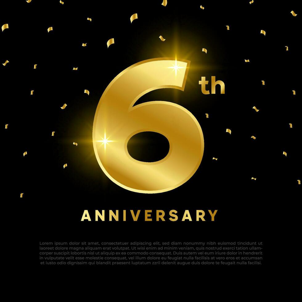 6th anniversary celebration with gold glitter color and black background. Vector design for celebrations, invitation cards and greeting cards.