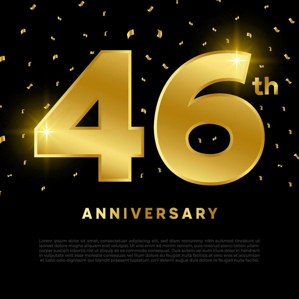 46th anniversary celebration with gold glitter color and black background. Vector design for celebrations, invitation cards and greeting cards.