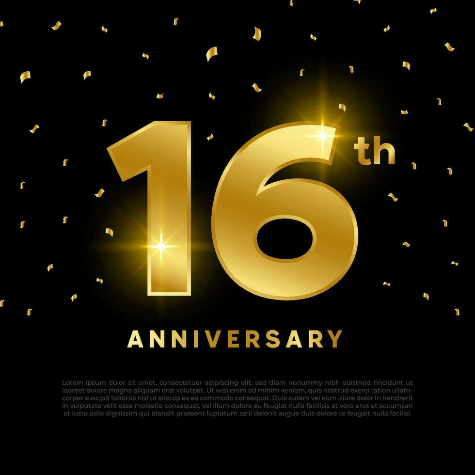 16th anniversary celebration with gold glitter color and black background. Vector design for celebrations, invitation cards and greeting cards.