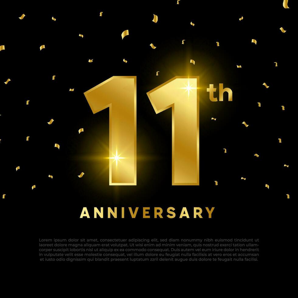 11th anniversary celebration with gold glitter color and black background. Vector design for celebrations, invitation cards and greeting cards.