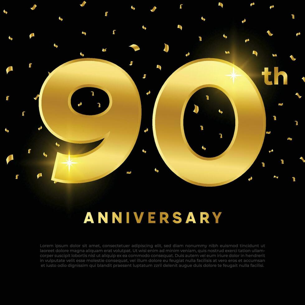 90th anniversary celebration with gold glitter color and black background. Vector design for celebrations, invitation cards and greeting cards.