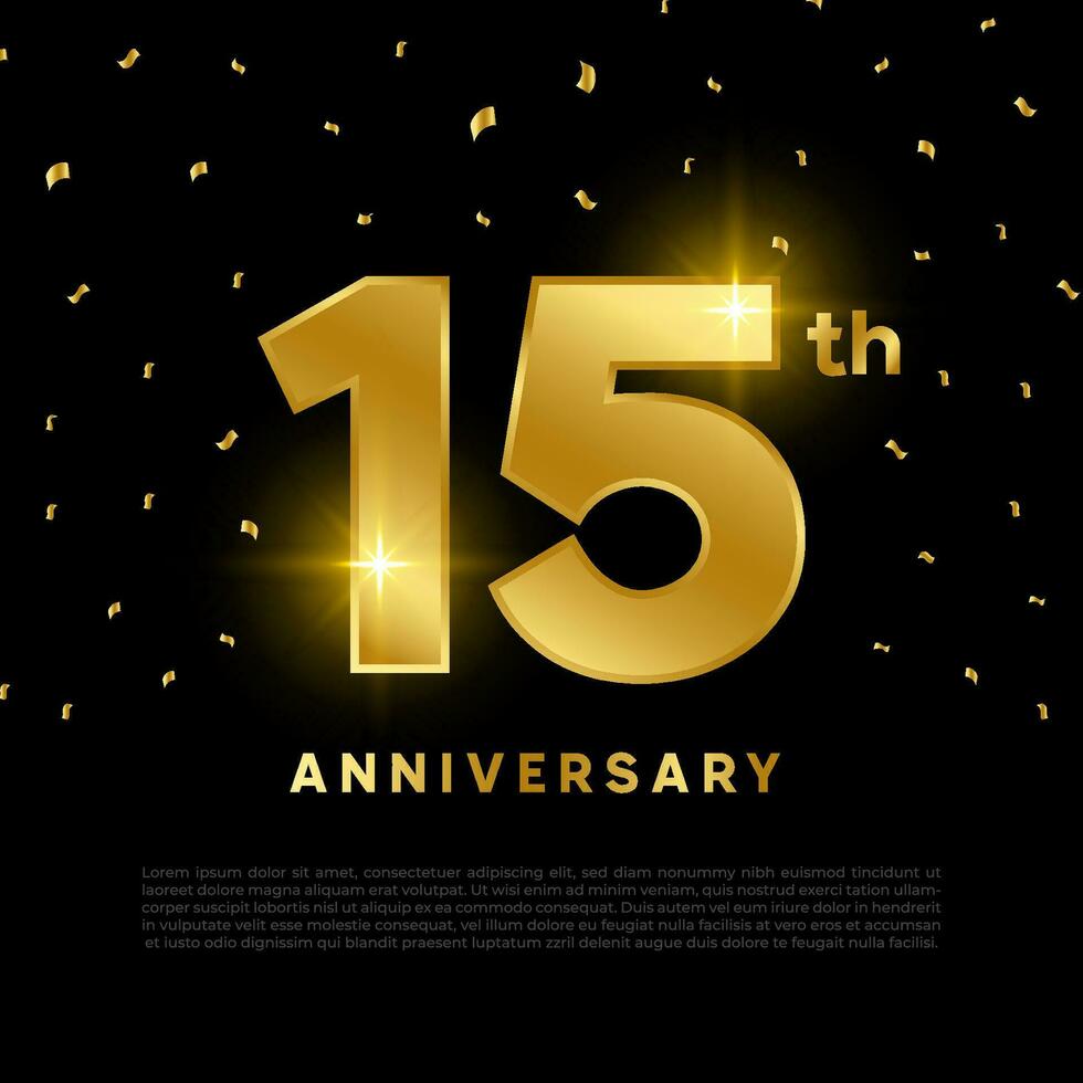 15th anniversary celebration with gold glitter color and black background. Vector design for celebrations, invitation cards and greeting cards.
