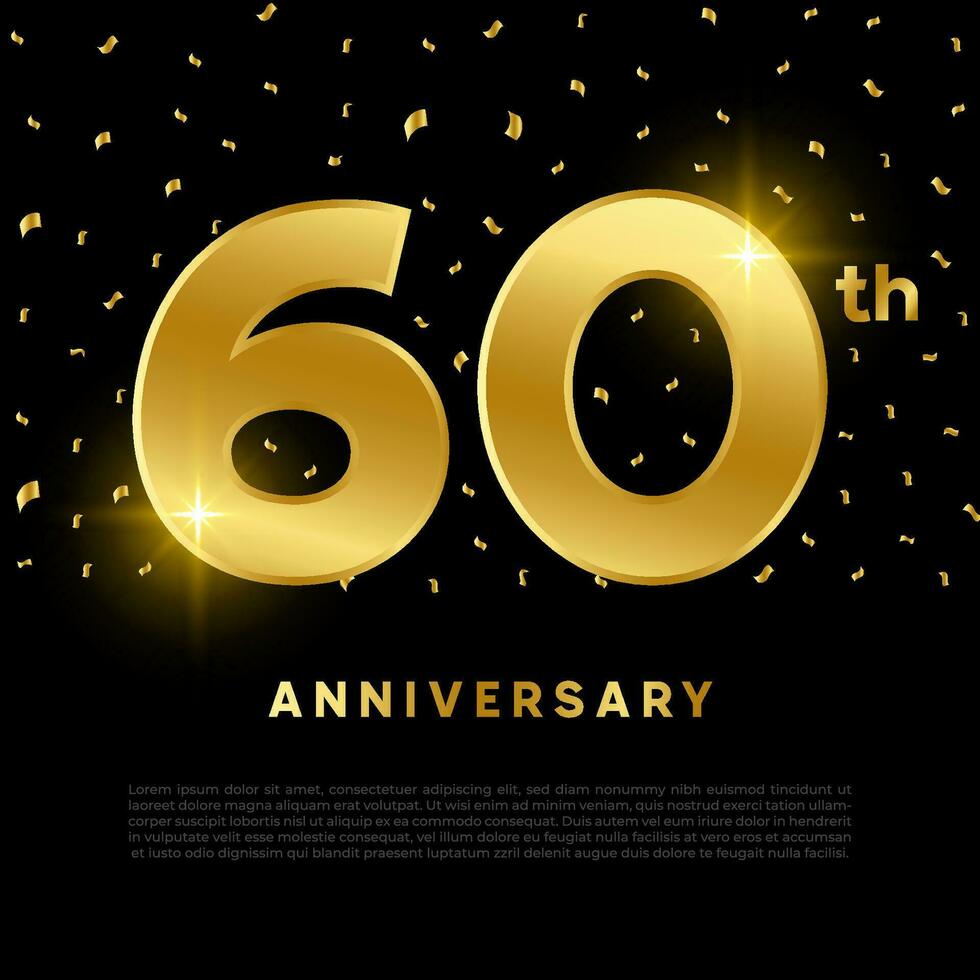 60th anniversary celebration with gold glitter color and black background. Vector design for celebrations, invitation cards and greeting cards.