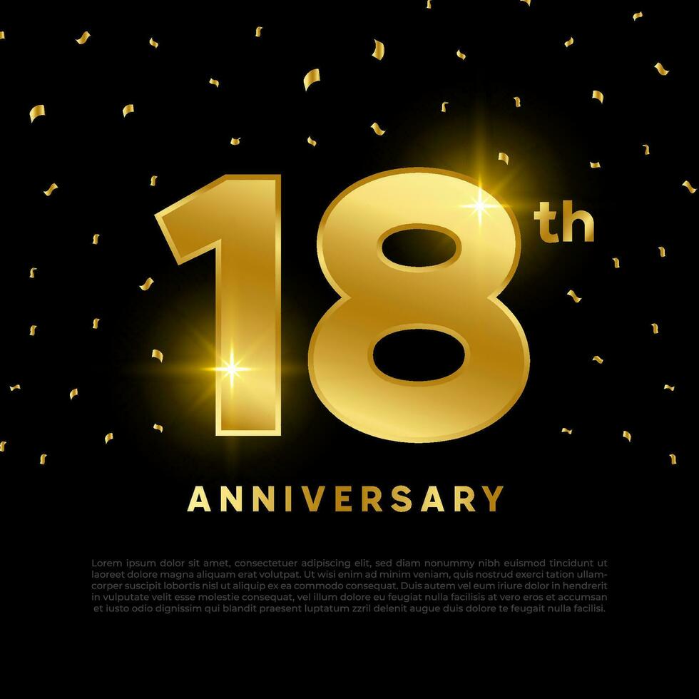 18th anniversary celebration with gold glitter color and black background. Vector design for celebrations, invitation cards and greeting cards.