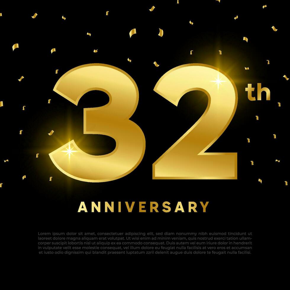 32th anniversary celebration with gold glitter color and black background. Vector design for celebrations, invitation cards and greeting cards.