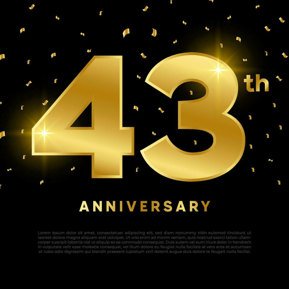 43th anniversary celebration with gold glitter color and black background. Vector design for celebrations, invitation cards and greeting cards.