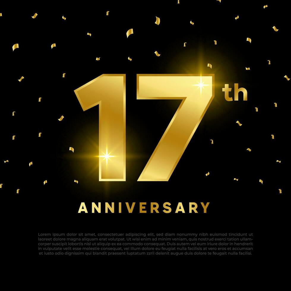 17th anniversary celebration with gold glitter color and black background. Vector design for celebrations, invitation cards and greeting cards.