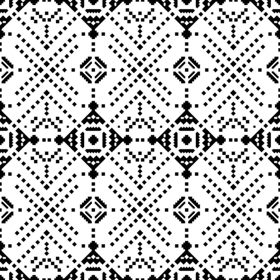 Indigenous tribal seamless retro pattern. Abstract decorative pixel style. Geometric ethnic motif. Black and white colors. Design for fabric, textile, ornament, clothing, background, wrapping, batik. vector
