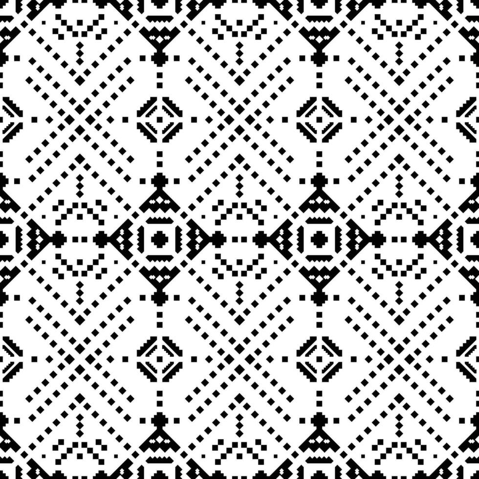 Indigenous tribal seamless retro pattern. Abstract decorative pixel style. Geometric ethnic motif. Black and white colors. Design for fabric, textile, ornament, clothing, background, wrapping, batik. vector