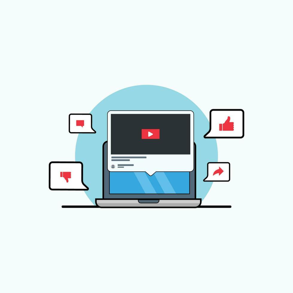 Video Content on Laptop with Reaction Flat Design Vector Illustration. Social Media content Marketing Concept