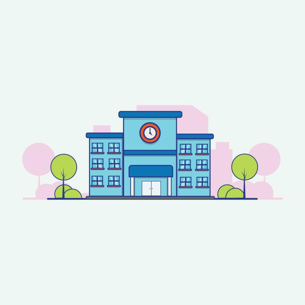 Building with Clock and Trees Vector Illustration