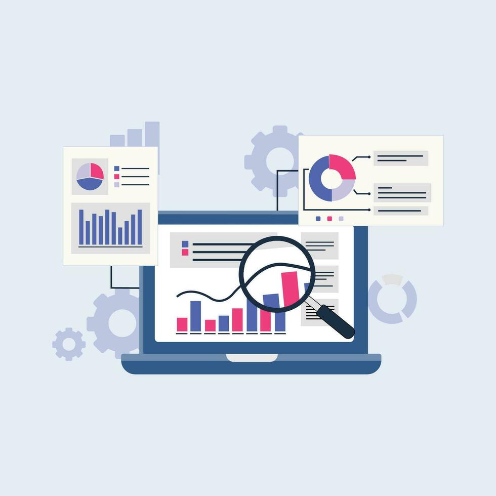 Graphs Information Report Analysis on Laptop Screen Vector Illustration. Data Analysis Concept