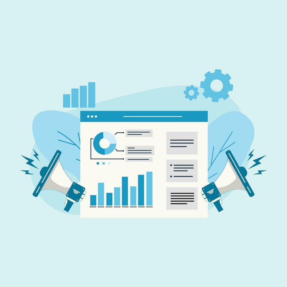 Digital Marketing  with  Data Analysis and Management Vector Illustration. Flat Design