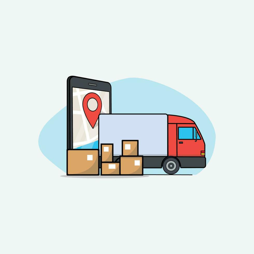 Delivery Truck with Pile of Boxes and a Phone Tracking Order Delivery Vector Illustration