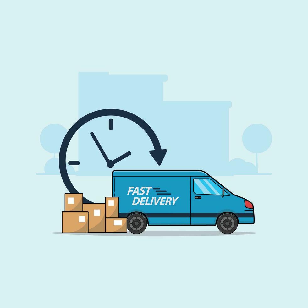 Delivery Car with Boxes and Stopwatch Vector Illustration. Fast Delivery Concept Design Isolated. Flat Design