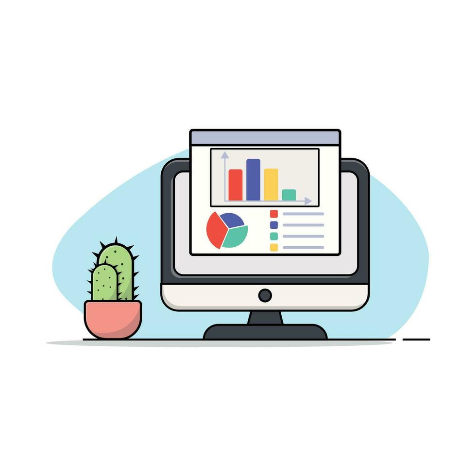 Graphs and Diagrams on Pc Screen Vector Illustration. Data Analysis on Digital Device Concept