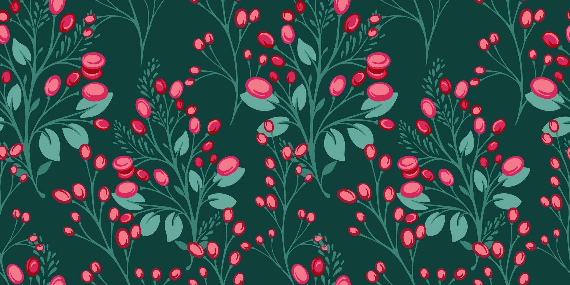 Seamless pattern with abstract, artistic, stylized branches red berries with drops, dots, spots. Vector hand drawn sketch. Template for design, fashion, paper, cover, fabric, interior decor, wallpaper