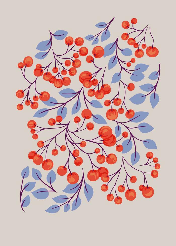 Holiday template with copy space. Vector hand drawn leaves and orange berries. Autumn template. Suitable for print, email header, post in social networks, advertising, events and page cover, banner