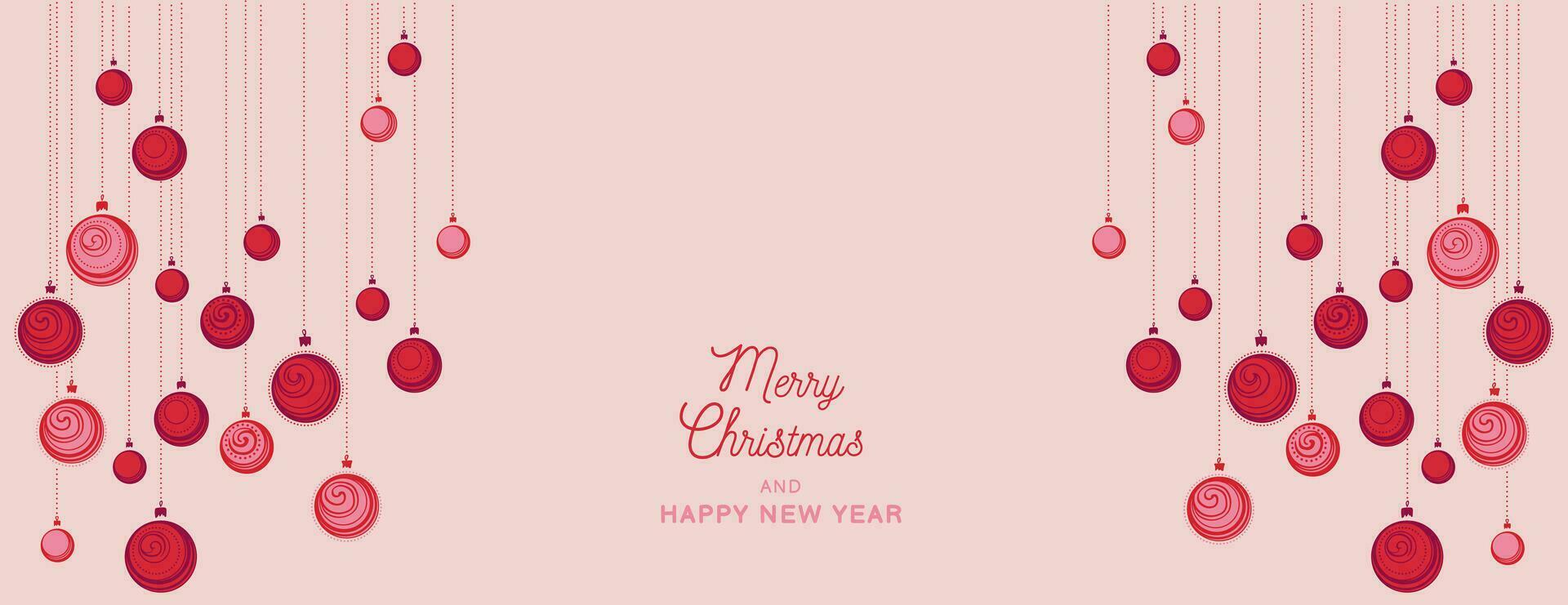 Merry Christmas and Happy New Year background. Vector handmade Christmas balls. Horizontal border with copy space. Suitable for email header, post in social networks, advertising, events and page cove