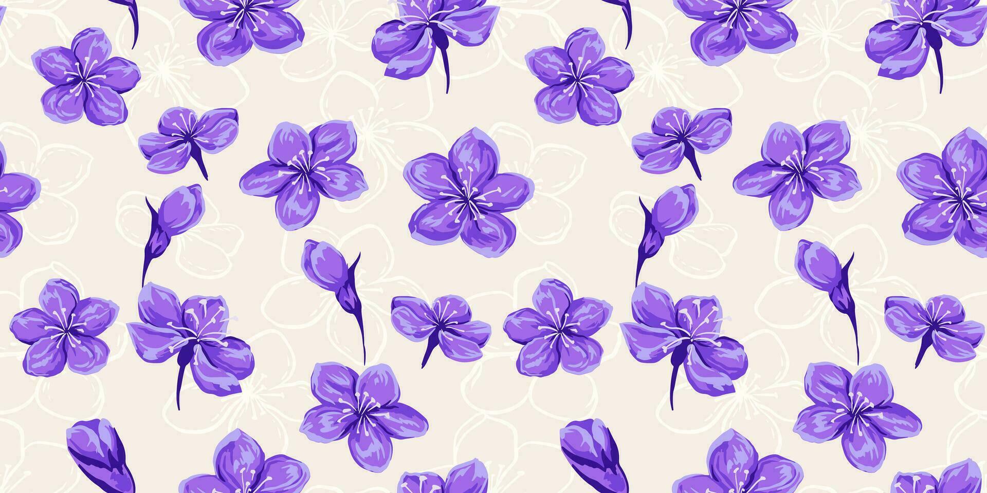 Vector hand drawn abstract shape flowers seamless pattern. Purple floral brush on a beige background. Template for design, fabric, fashion, textile, wallpaper