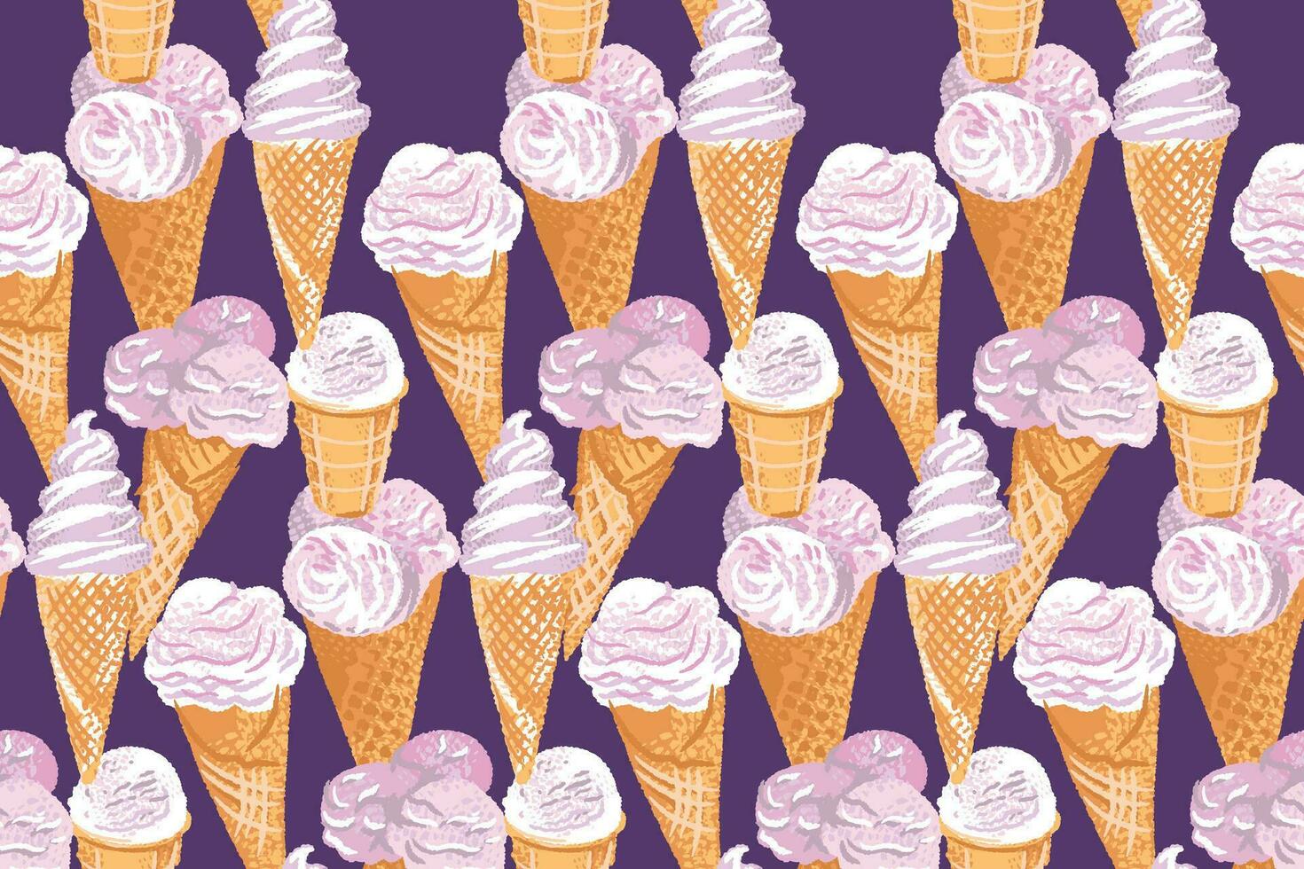Vector hand drawn sketch abstract ice cream, ice cream in a cone seamless pattern. Colorful illustration dessert, sweets, print. Template for design, childish, fashion, surface design, wallpaper