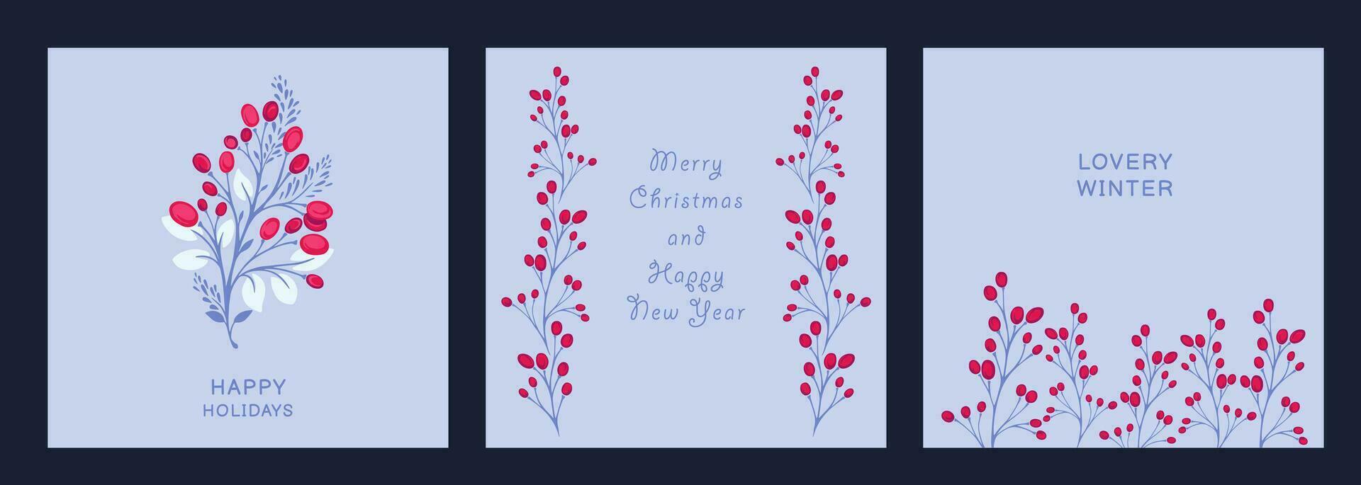Set minimalistic universal holiday cards. Winter templates unique  floral hand drawn ornament. Vector illustrations of printing, corporate invitation, greeting cards, banner
