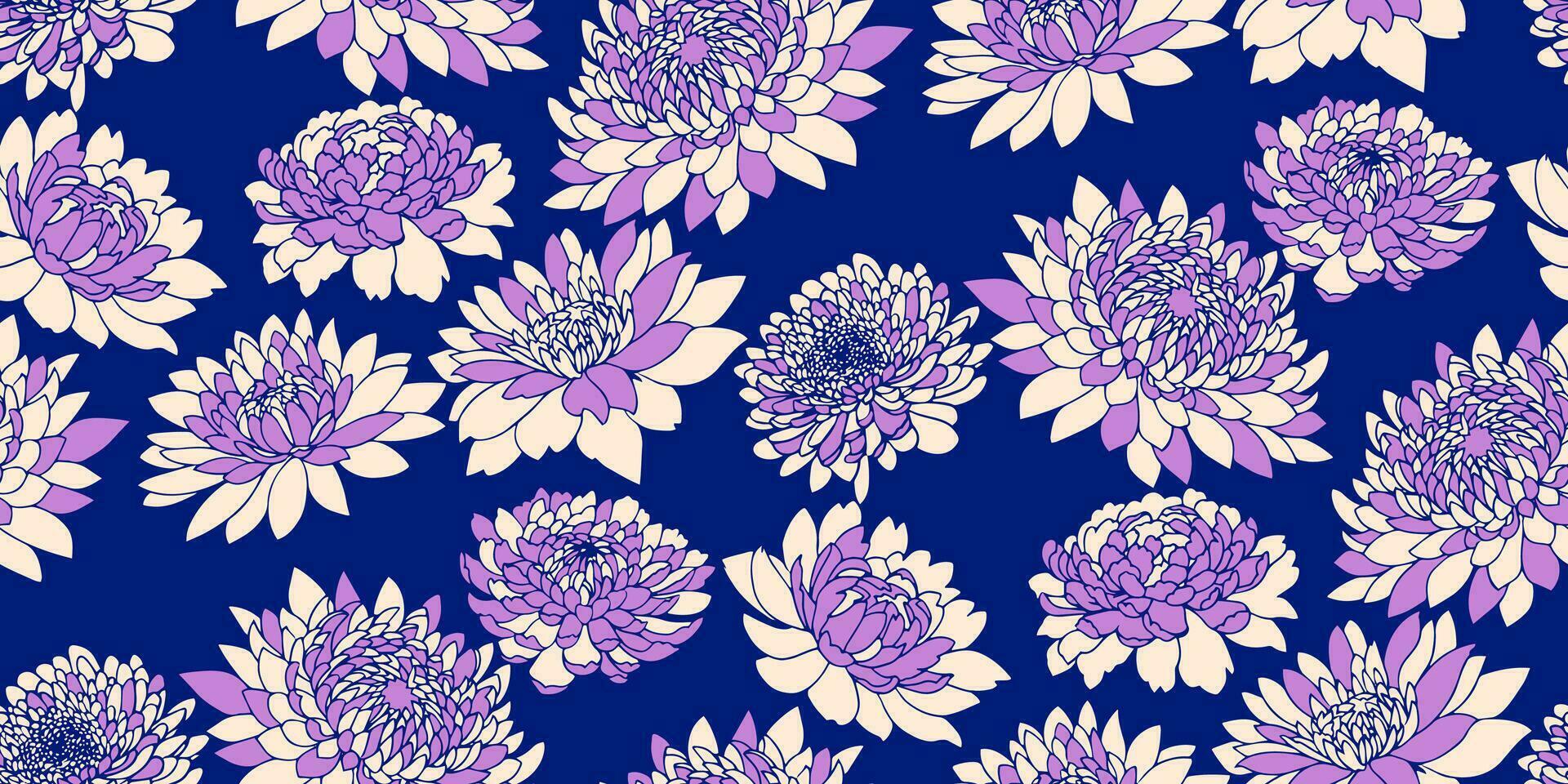 Creative shape floral seamless pattern.  Vector hand drawn sketch. Abstract silhouettes flowers peonies, dahlia on a bright blue background.