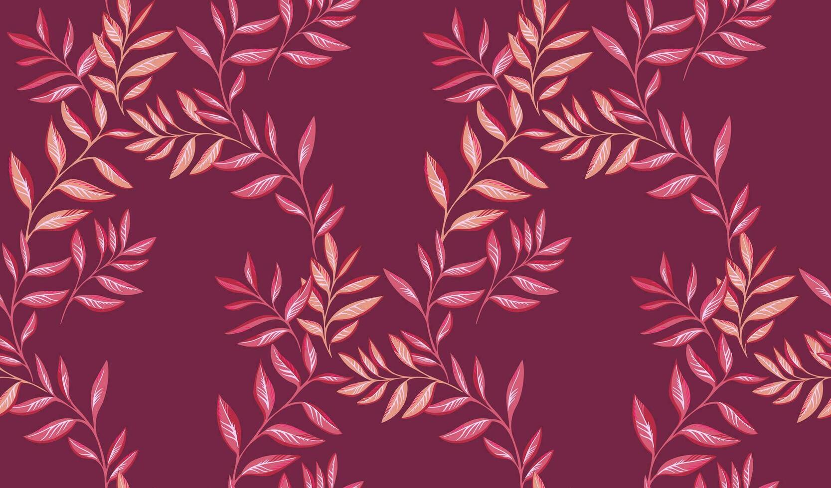 Burgundy Leaves stem seamless pattern. Abstract, artistic, tropical, modern, colorful branches leaf print. Vector hand drawn. Template for textile, fashion, print, surface design, paper, cover