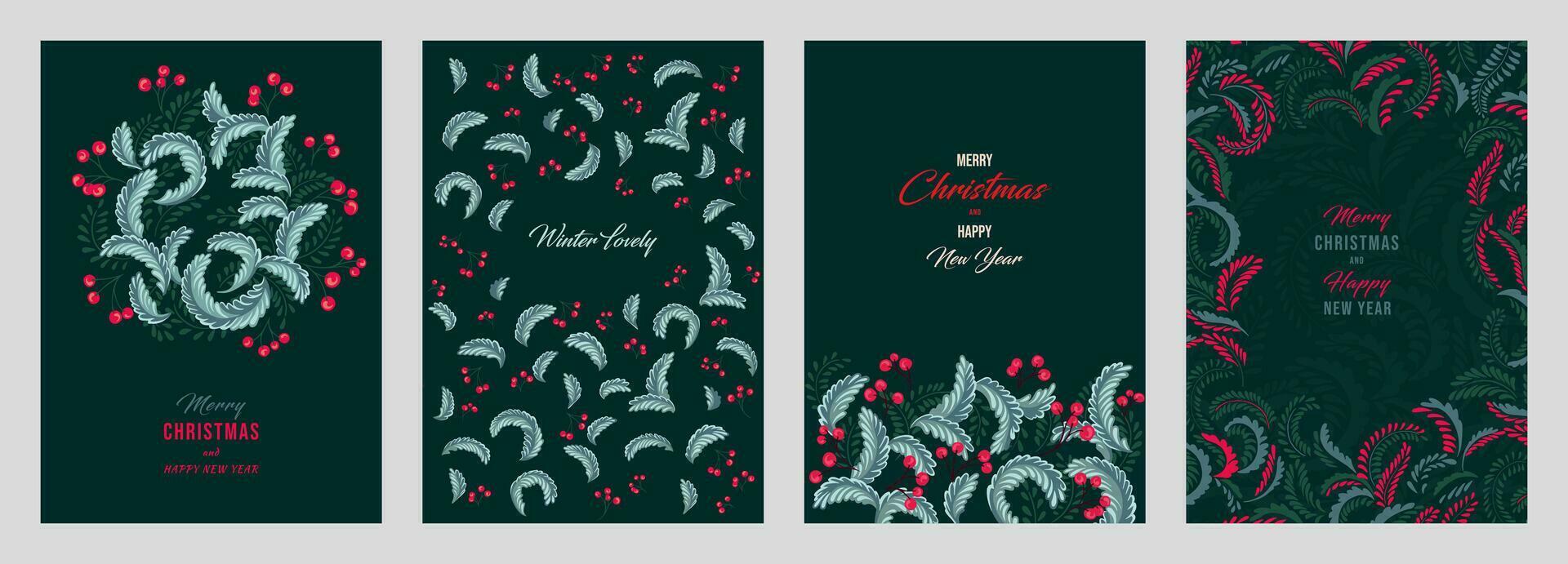 Christmas templates with copy space. Set greeting cards Merry Christmas, Happy New Year with vector hand drawn decorative Christmas wreath, ornate floral frame, Christmas ornament
