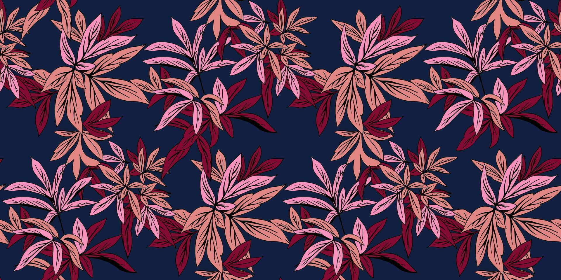 Creative tropical branches leaves seamless pattern on a dark blue background. Vector hand drawn sketch.  Abstract bright leaf stems print.  Botanical illustration. Template for design, textile