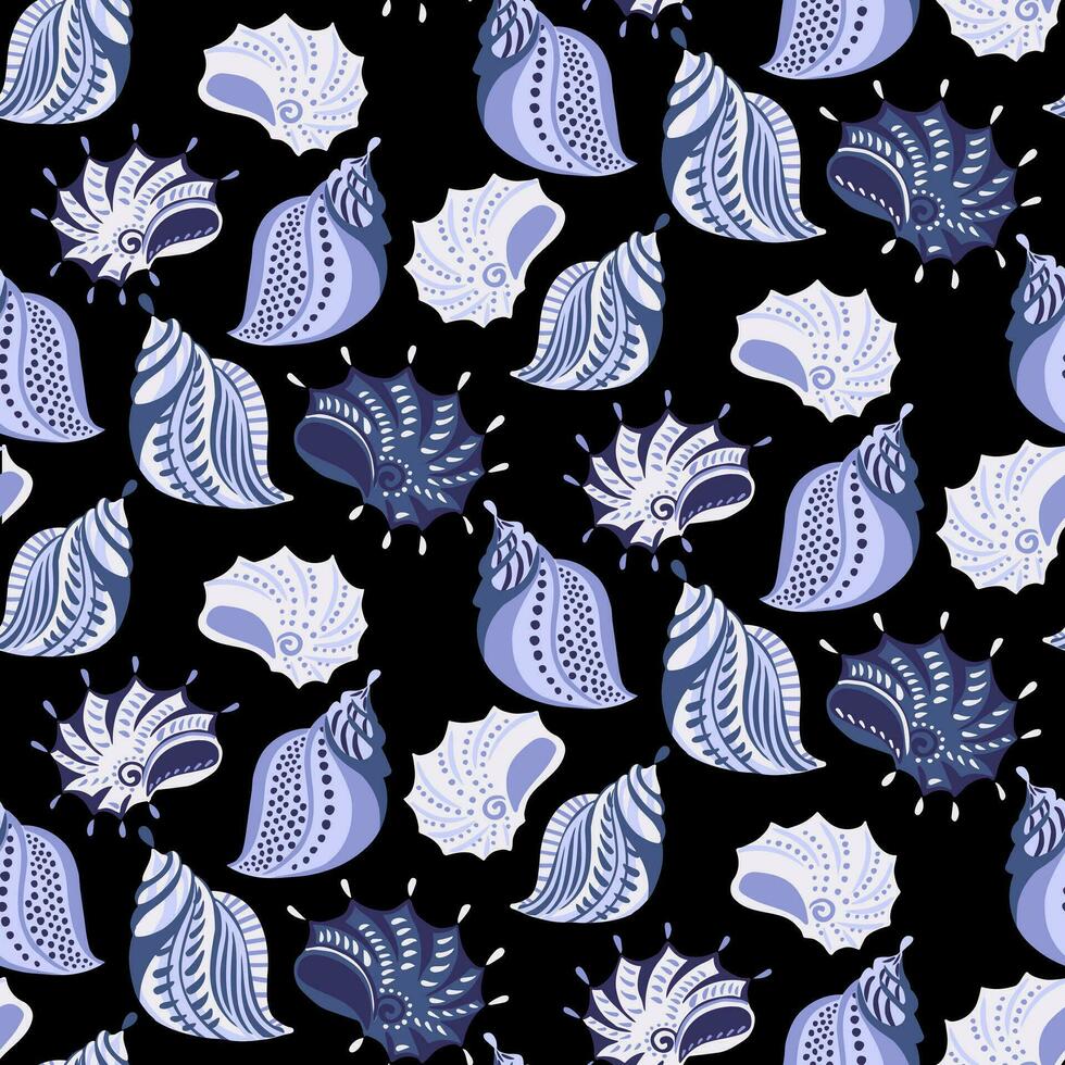 Seamless pattern with sea blue seashells on a dark background. Creative cute marine print. Vector doodle hand drawn sketch. Template for design, textile, fashion, surface design, fabric