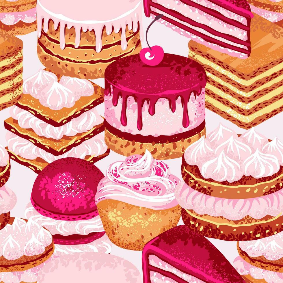 Cute creative stylized cake, bake, dessert, biskvit, cream sweet seamless pattern. Vector hand drawn sketch. Colorful bright dessert illustration print. Templates for design, fashion
