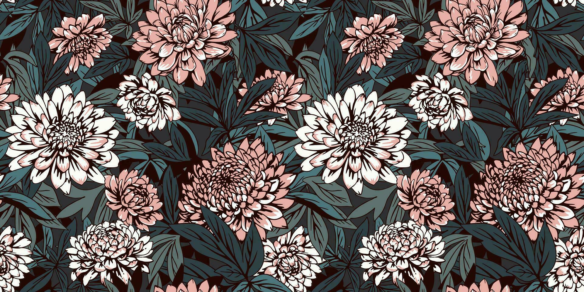 Ornate creative flowers and leaves intertwined in a seamless pattern. Vector hand drawn. Blooming floral white dahlias, peonies and green leaves stem print. Template for design, fabric