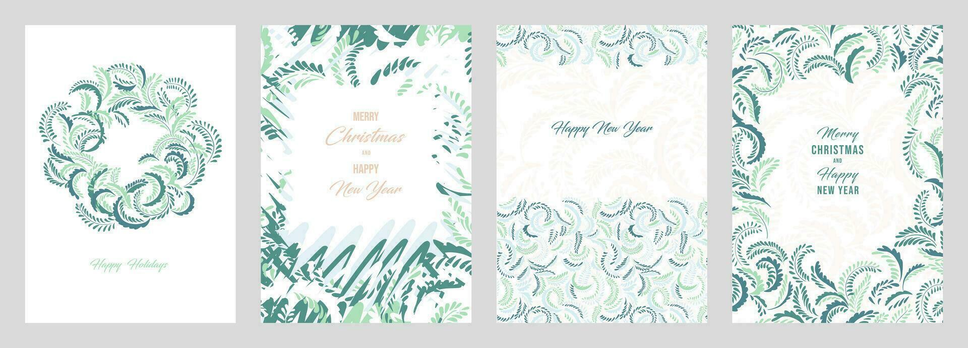 Navidad plantillas con Copiar espacio. conjunto saludo tarjetas alegre Navidad, contento nuevo año con vector mano dibujado decorativo Navidad guirnalda, universal floral marco.