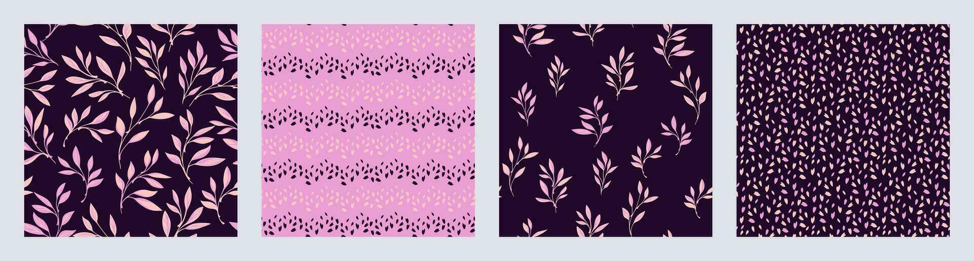 Collage of seamless patterns with creative tiny branches leaves, sketch dots, rhombus, textured. Vector hand drawn sketch. Abstract elegant bright pink leaf set print. Design for fabric, fashion