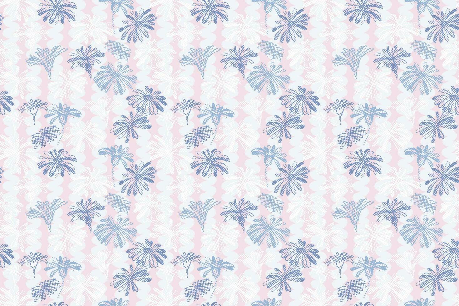 Seamless pattern with textured rhombs shape organic flowers, lines pattern. Pastel brush silhouettes floral print on a light blue background.  Vector hand drawn sketch art. Design for fabric, fashion