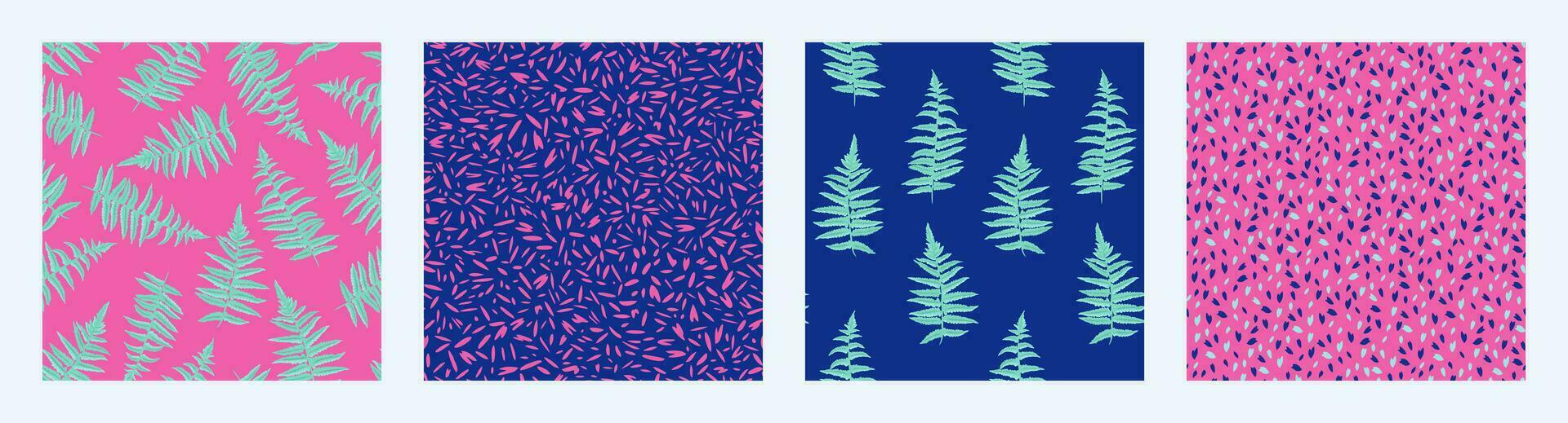 Collage of seamless patterns with creative leaves branches fern, abstract texture drops, spots, dot. Vector hand drawn sketch. Design for fabric, fashion, textile