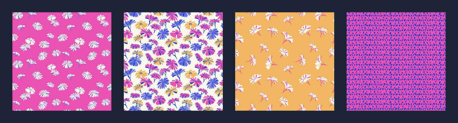 Collage simple creative floral and buds, spots, dots, drops, lines seamless patterns. Vector hand drawn sketch. Bright pink yellow blue simple flowers set print. Design for fabric, fashion, textile