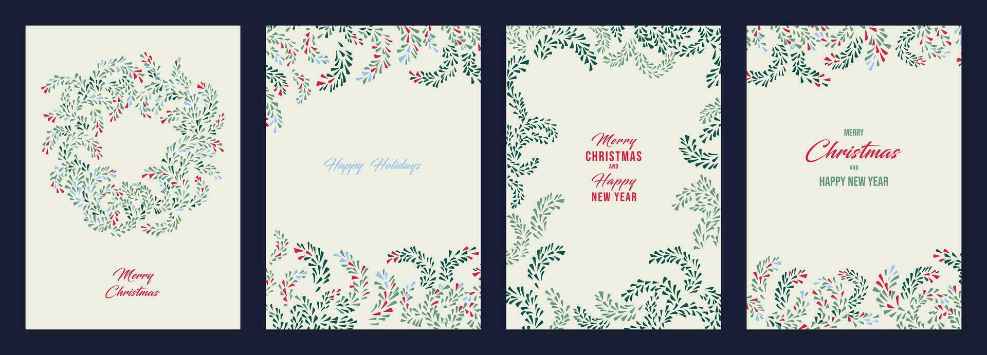 Christmas templates with copy space. Set greeting cards Merry Christmas, Happy New Year with vector hand drawn, abstract, artistic Christmas wreath, universal floral frame, winter ornament
