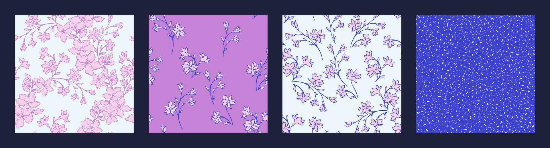 Collage of seamless pattern abstract purple wild floral branches. Vector hand drawn sketch. Blooming purple flowers silhouette, tiny branches, textured shapes, spots, dots print set.