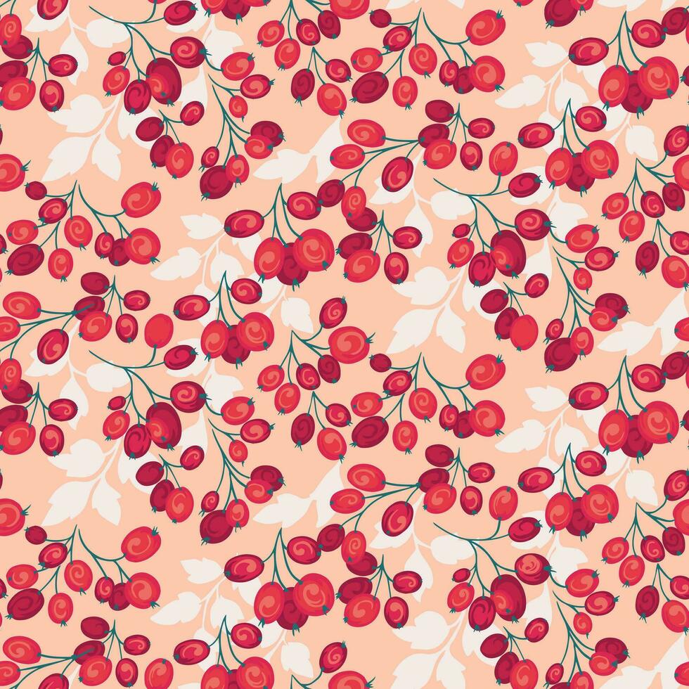 Seamless colorful, abstract, artistic branches berries pattern on a beige background. Stylized  Juniper, boxwood, viburnum,  barberry. Autumn pattern. Vector hand drawn.