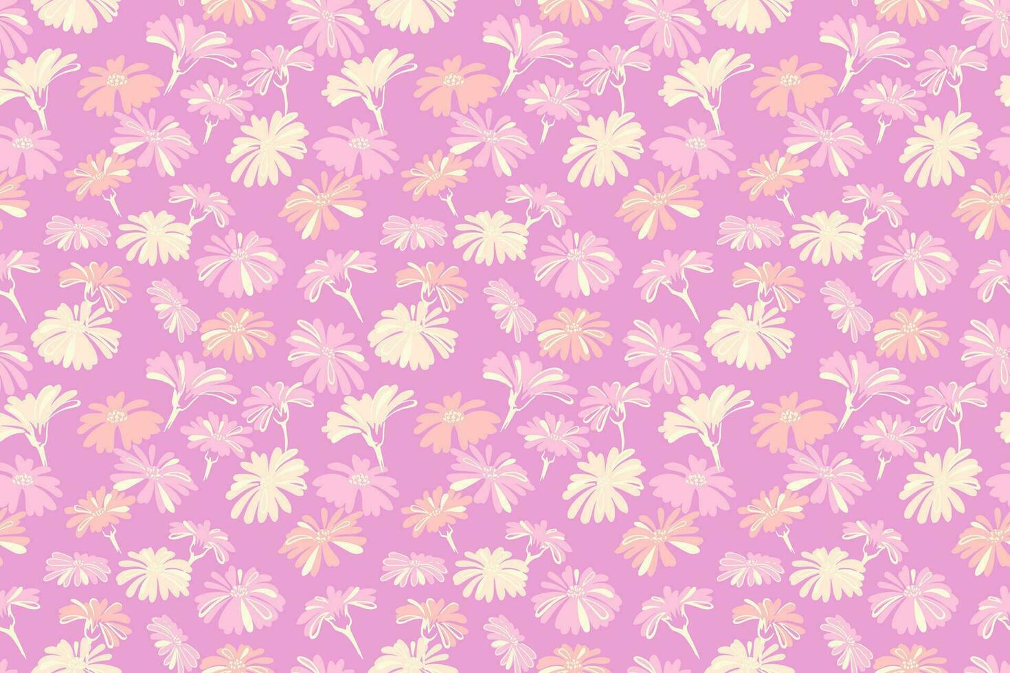 Seamless pattern with pastel floral on a pink background. Vector hand drawn doodle sketch. Simple, flat ditsy shape flowers. Design for fabric, fashion, wallpaper, textile