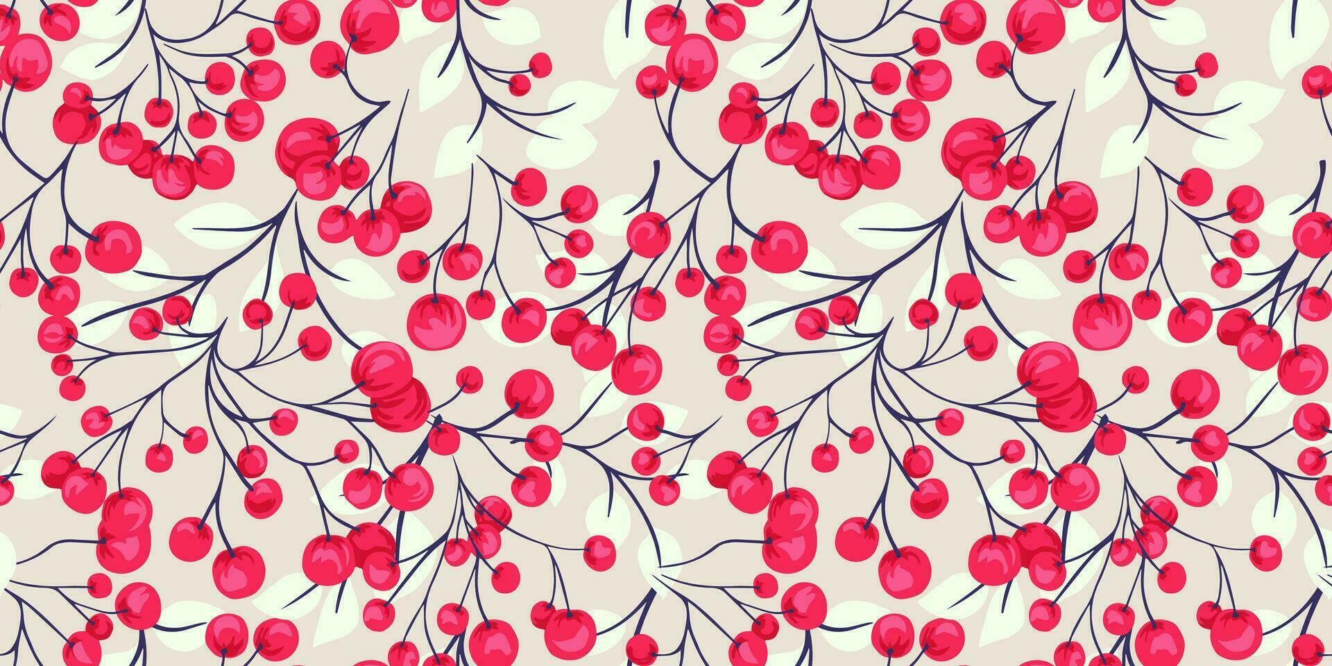 Creative bright pink red branches berries intertwined in a seamless pattern on a light background. Vector hand drawn sketch doodle . Juniper, boxwood, viburnum, barberry. Botanical illustration print.