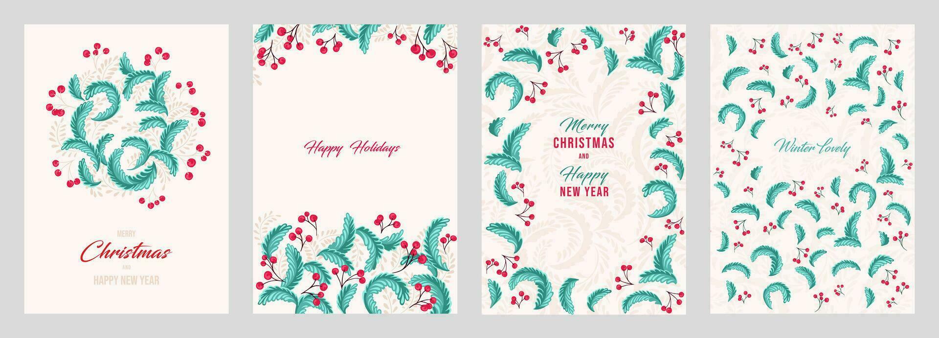 Set greeting cards Christmas, Happy New Year with vector hand drawn floral background. Winter Holidays template with copy space. Trendy retro style.  Illustration of printing, corporate invitation