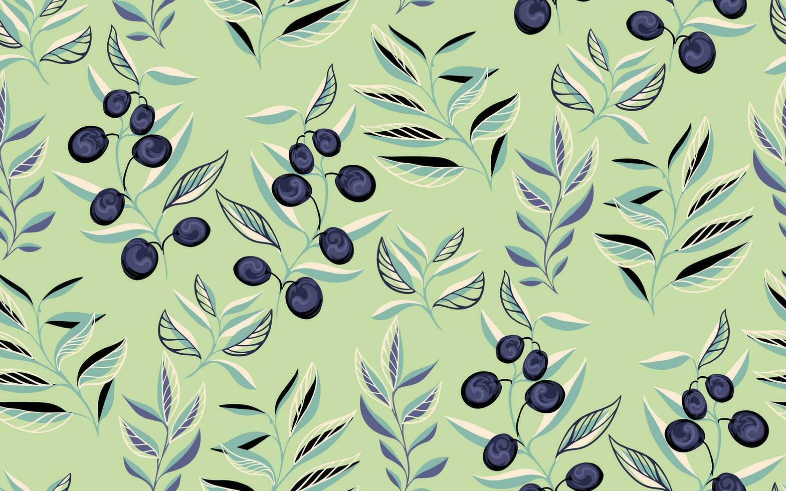 Creative stem leaves olive branch, olive berries, seamless pattern on a pastel mint background. Modern, stylized, vibrant branches leaf print. Vector hand drawn flat sketch. Design for fashion