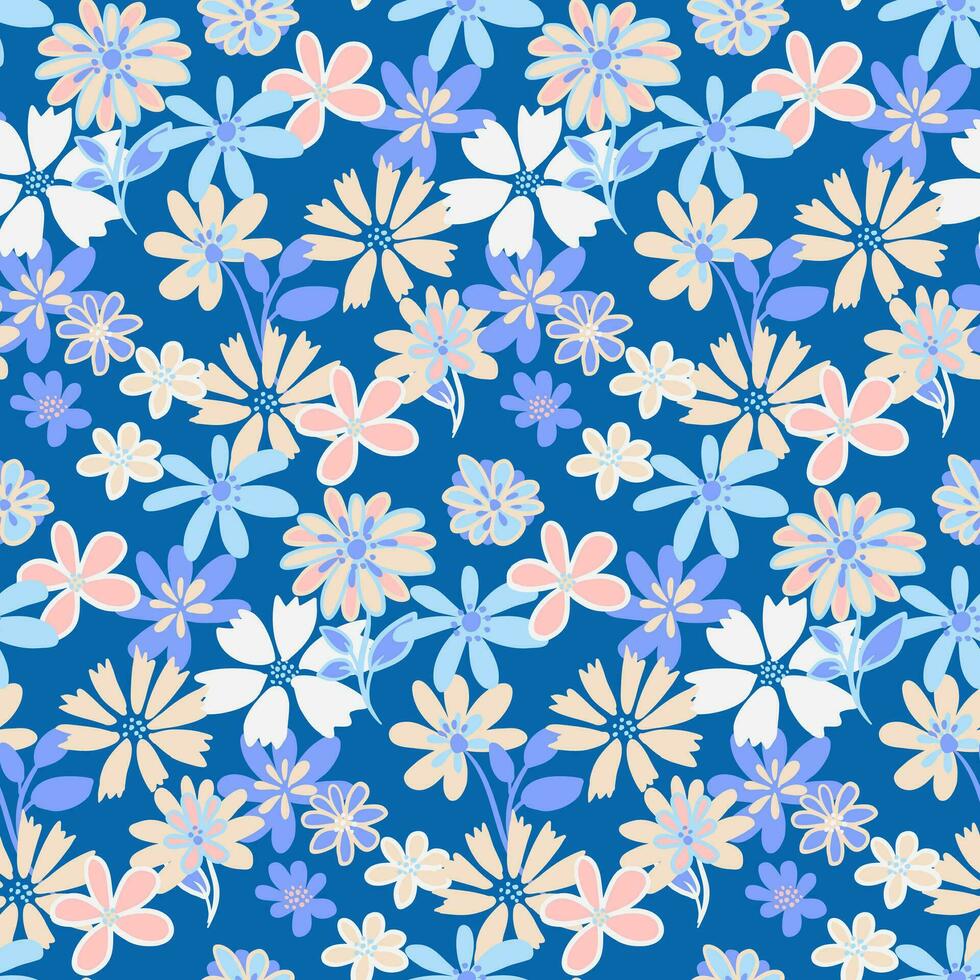 sin costura resumen pastel Oceano flores modelo. vector mano dibujado bosquejo. garabatear, dibujos animados, maravilloso floral impresión. modelo para diseño, moda, niños, textil, tela, fondo de pantalla