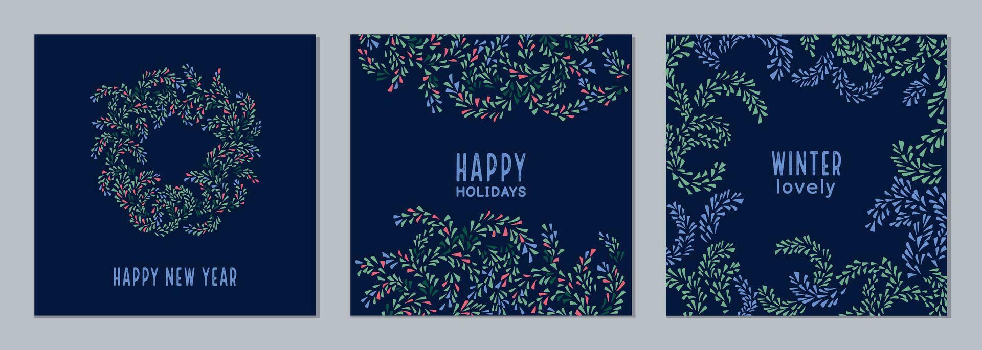 New Year greeting cards with copy space. Winter minimalistic  templates with a Christmas wreath and unique frame floral ornament. Vector illustrations of corporate invitation, internet advertising
