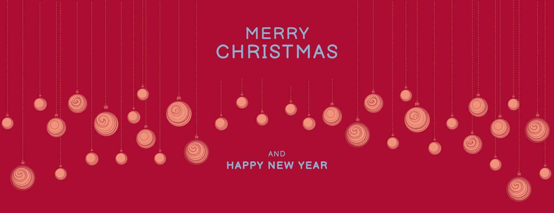 Merry Christmas and Happy New Year background. Vector hand drawn stylized Christmas balls. Horizontal red border with copy space.  Suitable for email header, post in social networks, advertising