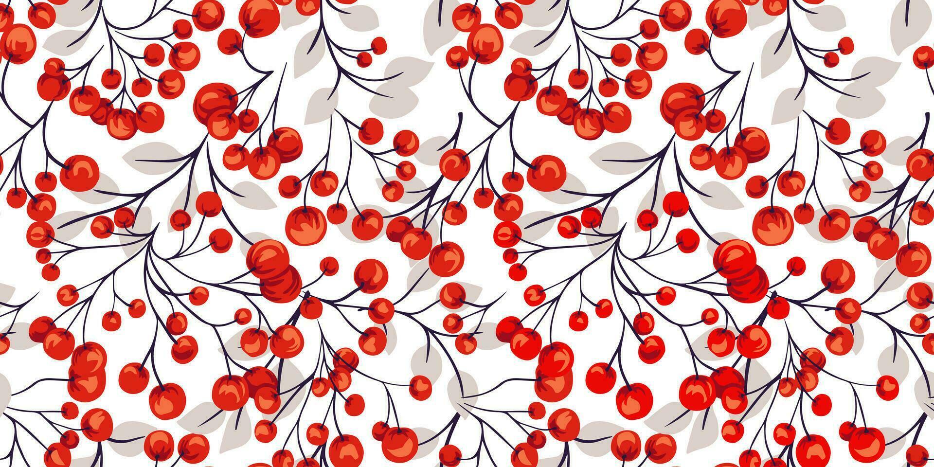 Seamless  Pattern with vector hand drawn branches red berries. Colorful, artistic, abstract print. Botanical illustration.  Template for design